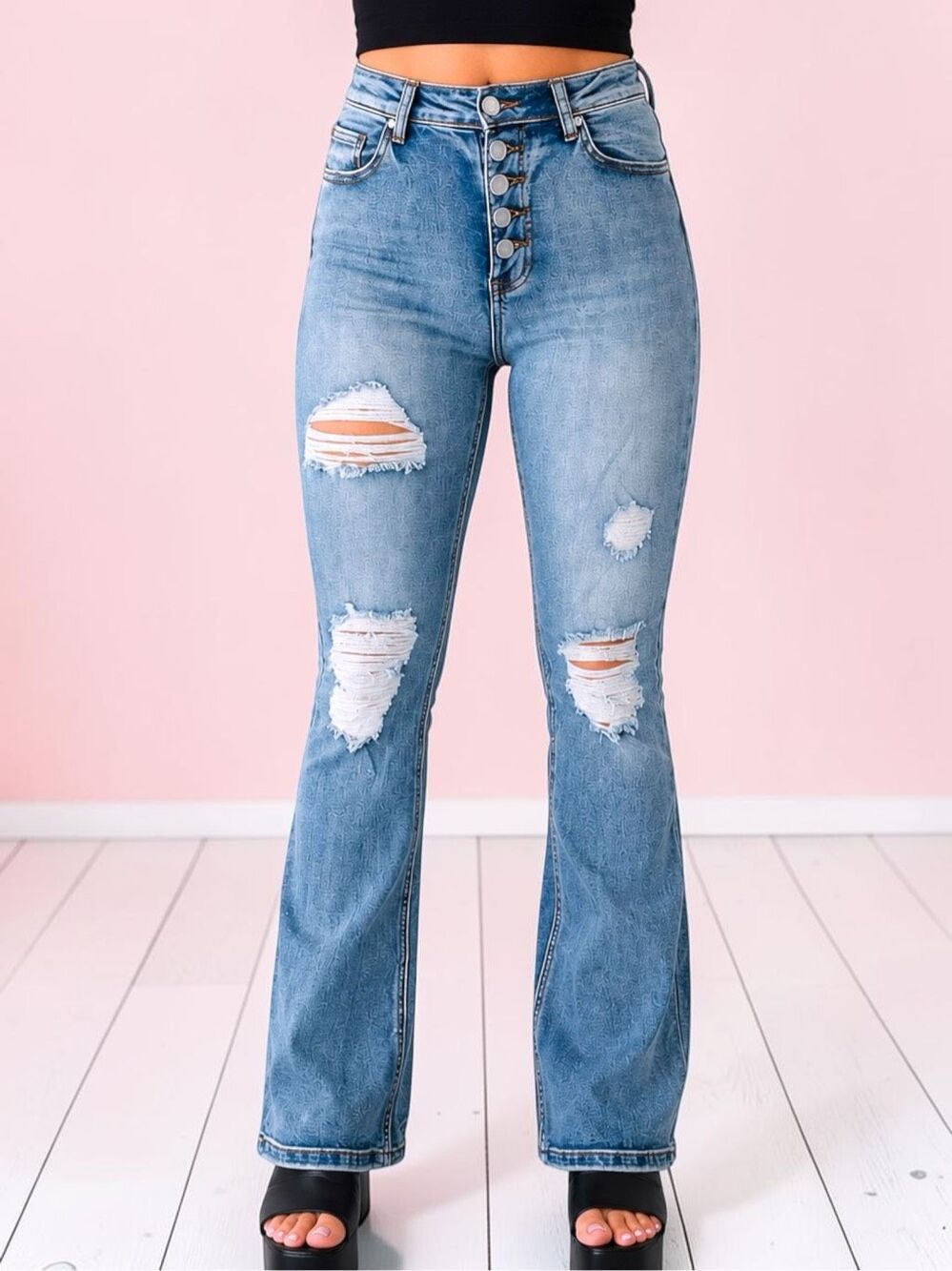 Indigo Reign High Rise Button Fly Distressed Flare Jeans Med Wash Stretch Denim - Picture 3 of 14